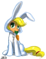 Size: 600x771 | Tagged: safe, artist:johnjoseco, applejack, earth pony, pony, g4, bunny costume, bunny pajamas, bunnyjack, carrot, clothes, cute, female, jackabetes, moe, simple background, solo, white background