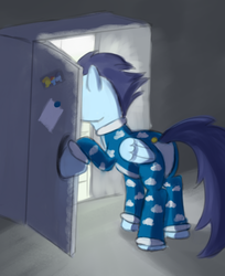 Size: 599x734 | Tagged: safe, artist:tggeko, soarin', pegasus, pony, g4, clothes, male, onesie, pajamas, refrigerator, solo, stallion