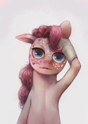 Size: 534x750 | Tagged: dead source, safe, artist:crookedtrees, pinkie pie, earth pony, pony, g4, button, buttons, female, mare, solo, tired, uncanny valley