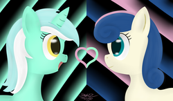 Size: 3600x2100 | Tagged: safe, artist:mikoruthehedgehog, bon bon, lyra heartstrings, sweetie drops, earth pony, pony, unicorn, g4, eye contact, female, heart, high res, lesbian, looking at each other, mare, ship:lyrabon, shipping, smiling