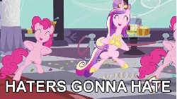 Size: 480x270 | Tagged: safe, edit, edited screencap, screencap, pinkie pie, princess cadance, alicorn, earth pony, pony, a canterlot wedding, g4, season 2, ^^, animated, belly, bipedal, chicken dance, concave belly, crown, cute, cutedance, dancing, duo, duo female, eyes closed, female, gif, haters gonna hate, hoof shoes, jewelry, loop, open mouth, peytral, physique difference, princess shoes, regalia, slender, thin