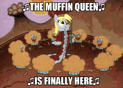 Size: 500x360 | Tagged: source needed, safe, derpy hooves, anthro, g4, animated, cartoon network, dexter's laboratory, female, food, image macro, meme, muffin, muffin queen, that pony sure does love muffins