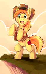 Size: 691x1113 | Tagged: safe, artist:ende26, braeburn, earth pony, pony, g4, bipedal, clothes, hat, male, open mouth, smiling, solo, stallion