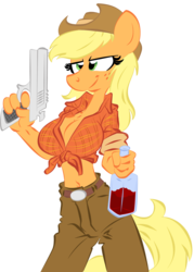 Size: 3000x4200 | Tagged: safe, artist:epic-panda17, artist:trollie trollenberg, applejack, earth pony, anthro, g4, alcohol, breasts, busty applejack, desert eagle, female, gun, mare, no trigger discipline, solo