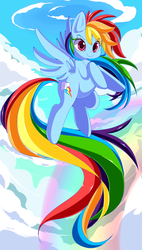 Size: 850x1500 | Tagged: dead source, safe, artist:sugaryrainbow, rainbow dash, pegasus, pony, g4, cloud, cute, dashabetes, female, flying, mare, rainbow, sky, solo, spread wings, wings