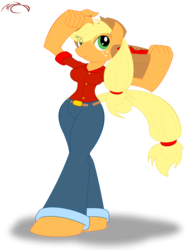 Size: 1231x1621 | Tagged: safe, artist:m a c d, applejack, earth pony, anthro, unguligrade anthro, g4, basket, female, mare, simple background, solo, transparent background