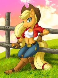 Size: 650x866 | Tagged: safe, artist:chili dawg, artist:molochtdl, applejack, earth pony, anthro, g4, belly button, breasts, female, fence, solo