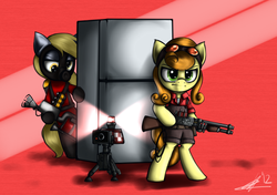 Size: 1280x902 | Tagged: safe, artist:spartan a17, carrot top, derpy hooves, golden harvest, pegasus, pony, g4, degreaser, derpyro, engineer, engineer (tf2), female, frontier justice, gunslinger (tf2), i emptied your fridge, mare, mini-sentry gun, pyro (tf2), refrigerator, sentry, team fortress 2, turret