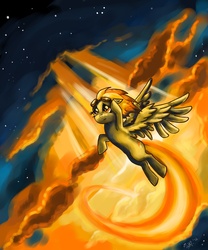 Size: 1500x1800 | Tagged: safe, artist:dymasyasilver, spitfire, pegasus, pony, g4, cloud, crepuscular rays, female, flight trail, flying, goggles, sky, solo