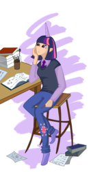 Size: 1015x1872 | Tagged: safe, artist:dymasyasilver, twilight sparkle, human, g4, book, clothes, cutie mark on clothes, desk, female, horn, horned humanization, humanized, necktie, pants, shirt, simple background, sitting, socks, solo, stocking feet, transparent background, vest