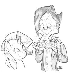 Size: 1700x1758 | Tagged: safe, artist:keentao, rarity, pony, unicorn, g4, bowtie, crossover, doctor who, duo, eleventh doctor, faic, grayscale, monochrome, simple background, smiling, traditional art, wavy mouth, white background