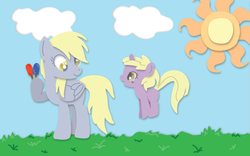 Size: 1440x900 | Tagged: safe, artist:himynameisnickel, derpy hooves, dinky hooves, pegasus, pony, g4, equestria's best mother, female, mare, sun