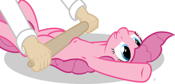 Size: 897x430 | Tagged: safe, artist:tg-0, pinkie pie, earth pony, human, pony, g4, armpits, cute, diapinkes, female, hand, lip bite, lying down, mare, massage, on back, rolling pin, simple background, smiling, solo focus, white background