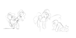 Size: 1400x700 | Tagged: safe, artist:envy, pinkie pie, earth pony, pony, g4, asexual reproduction, birthing, budding, clone, female, mare, mitosis, monochrome, self ponidox, sketch