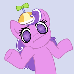 Size: 945x945 | Tagged: safe, artist:leth, screwball, g4, :i, hat, looking at you, propeller hat, shrug, shrugpony, simple background, swirly eyes