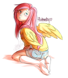 Size: 800x920 | Tagged: dead source, safe, artist:zobobafoozle, fluttershy, human, g4, 2010s, 2012, behind, blushing, clothes, denim shorts, female, freckles, humanized, kneeling, looking back, looking up, name, pink hair, shorts, sitting, socks, solo, three quarter view, white socks, winged humanization, wings