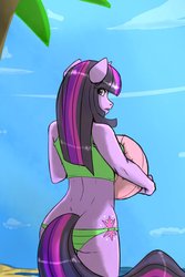 Size: 853x1280 | Tagged: source needed, safe, artist:dreikaze, twilight sparkle, anthro, g4, ass, beach ball, bikini, breasts, butt, clothes, female, looking back, solo, swimsuit