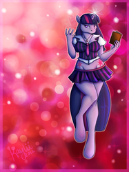 Size: 699x933 | Tagged: safe, artist:kaylii, twilight sparkle, anthro, unguligrade anthro, g4, alternative cutie mark placement, belly button, book, breasts, clothes, curvy, female, lidded eyes, looking at you, midriff, miniskirt, necktie, shirt, skirt, solo, wide hips