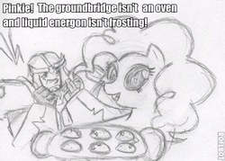 Size: 397x284 | Tagged: safe, pinkie pie, g4, cupcake, pencil drawing, ratchet, roflbot, transformers