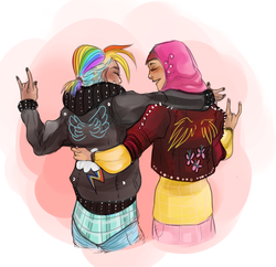 Size: 657x635 | Tagged: safe, artist:spaceypoo, fluttershy, rainbow dash, human, g4, behind, clothes, female, hijab, humanized, islam, islamashy, jacket