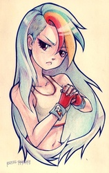 Size: 362x573 | Tagged: safe, artist:kerriwon, rainbow dash, human, g4, clothes, female, gloves, humanized, solo, traditional art