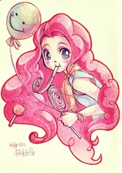 Size: 380x539 | Tagged: safe, artist:kerriwon, pinkie pie, human, g4, balloon, female, humanized, lollipop, party horn, solo, traditional art