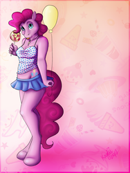 Size: 700x933 | Tagged: safe, artist:kaylii, pinkie pie, earth pony, anthro, unguligrade anthro, g4, balloon, belly button, breasts, candy, female, food, midriff