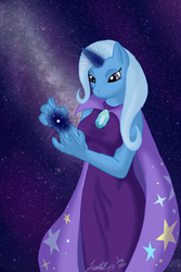 Size: 600x900 | Tagged: safe, artist:leetah43, trixie, unicorn, anthro, g4, clothes, detailed background, dress, female, galaxy, magic, mare, solo