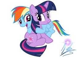 Size: 8000x6000 | Tagged: dead source, safe, artist:nightmaremoons, rainbow dash, twilight sparkle, pegasus, pony, unicorn, g4, absurd resolution, cute, duo, eye contact, female, happy, horn, hug, hug from behind, lesbian, looking at each other, mare, open mouth, ship:twidash, shipping, simple background, smiling, transparent background, vector
