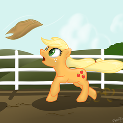 Size: 900x900 | Tagged: safe, artist:theparagon, applejack, earth pony, pony, g4, applejack's hat, female, fence, hat, mare, running, solo