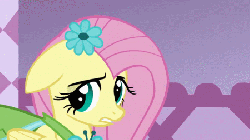 Size: 450x253 | Tagged: safe, screencap, fluttershy, pony, g4, season 1, suited for success, animated, clothes, dress, female, floppy ears, flower, flower in hair, gala dress, solo