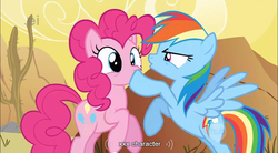 Size: 856x472 | Tagged: safe, screencap, pinkie pie, rainbow dash, earth pony, pegasus, pony, g4, over a barrel, blue body, blue coat, blue eyes, blue fur, blue pony, blue wings, duo, female, hoof over mouth, magenta eyes, mare, multicolored hair, multicolored mane, pink body, pink coat, pink fur, pink hair, pink mane, pink pony, pink tail, rainbow hair, rainbow tail, spread wings, tail, wings, xxx, youtube caption