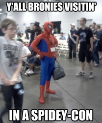 Size: 449x540 | Tagged: safe, human, bronycon, cosplay, image macro, irl, irl human, male, photo, spider-man