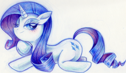 Size: 842x488 | Tagged: safe, artist:delico, rarity, pony, unicorn, g4, anatomically incorrect, bedroom eyes, colored pencil drawing, female, incorrect leg anatomy, lidded eyes, looking at you, pixiv, prone, simple background, smiling, smiling at you, solo, traditional art, white background