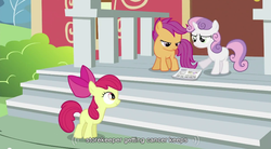 Size: 853x472 | Tagged: safe, edit, edited screencap, screencap, apple bloom, scootaloo, sweetie belle, earth pony, pegasus, pony, unicorn, g4, cutie mark crusaders, female, filly, youtube caption