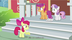 Size: 853x473 | Tagged: safe, edit, edited screencap, screencap, apple bloom, scootaloo, sweetie belle, earth pony, pegasus, pony, unicorn, g4, ponyville confidential, caption, cutie mark crusaders, female, filly, ponyville schoolhouse, wat, youtube caption