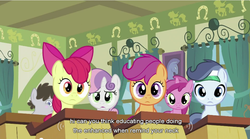 Size: 853x475 | Tagged: safe, edit, edited screencap, screencap, apple bloom, ruby pinch, scootaloo, shady daze, sweetie belle, truffle shuffle, earth pony, pegasus, pony, unicorn, g4, ponyville confidential, season 2, apple bloom's bow, bow, caption, colt, curtains, cutie mark crusaders, desk, female, filly, foal, hair bow, indoors, looking at you, male, ponyville schoolhouse, wat, window, youtube caption