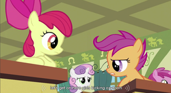 Size: 855x470 | Tagged: safe, edit, edited screencap, screencap, apple bloom, ruby pinch, scootaloo, sweetie belle, earth pony, pegasus, pony, unicorn, g4, ponyville confidential, season 2, apple bloom's bow, bow, caption, curtains, cutie mark crusaders, female, filly, foal, hair bow, indoors, looking at each other, looking at someone, ponyville schoolhouse, school, window, youtube caption