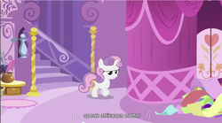 Size: 855x475 | Tagged: safe, screencap, sweetie belle, pony, unicorn, g4, ponyville confidential, carousel boutique, clothes, female, filly, foal, solo, youtube caption