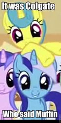 Size: 359x721 | Tagged: safe, edit, edited screencap, screencap, lemon hearts, minuette, sea swirl, seafoam, pony, unicorn, applebuck season, g4, image macro, muffin, utter bullshit