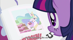 Size: 857x473 | Tagged: safe, screencap, princess celestia, twilight sparkle, alicorn, pony, unicorn, g4, cake, cakelestia, duo, female, food, horn, mare, youtube caption