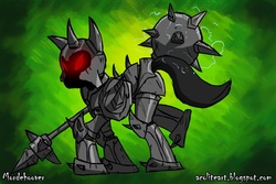 Size: 810x540 | Tagged: safe, glowing, glowing eyes, league of legends, mordekaiser, ponified, simple background, weapon