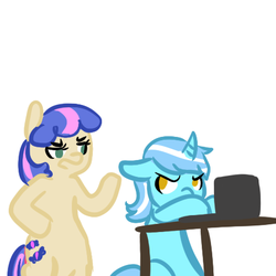 Size: 450x450 | Tagged: safe, artist:mt, bon bon, lyra heartstrings, sweetie drops, earth pony, pony, unicorn, g4, bipedal, bon bon is not amused, computer, duo, simple background, white background