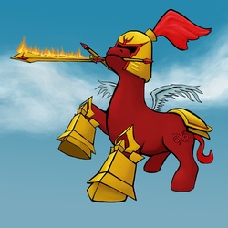 Size: 800x800 | Tagged: safe, pegasus, pony, armor, boots, cloud, fire, helmet, kayle, league of legends, mouth hold, ponified, shoes, sky, solo, sword, weapon