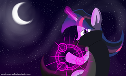 Size: 1650x990 | Tagged: safe, artist:equinox23, twilight sparkle, pony, g4, cloak, clothes, crescent moon, female, magic, moon, night, solo, stars