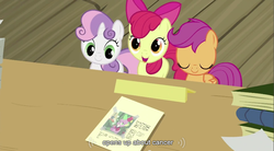 Size: 855x471 | Tagged: safe, edit, edited screencap, screencap, apple bloom, scootaloo, spike, sweetie belle, dragon, earth pony, pegasus, pony, unicorn, g4, caption, cutie mark crusaders, female, filly, male, youtube caption