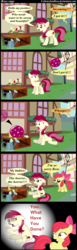 Size: 473x1536 | Tagged: safe, artist:coltsteelstallion, apple bloom, roseluck, earth pony, pony, g4, apple bloom's bow, ball, bow, comic, duo, duo female, female, filly, flower, foal, hair bow, mare, rose, this will end in pain, watering can