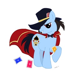 Size: 872x848 | Tagged: safe, earth pony, pony, cape, clothes, hat, league of legends, looking at you, ponified, simple background, smiling, smiling at you, twisted fate, white background