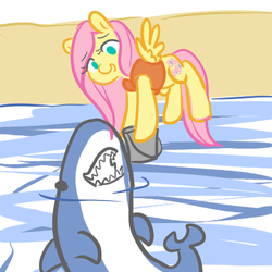 Size: 450x450 | Tagged: safe, artist:mt, fluttershy, pegasus, pony, shark, g4, bucket, clothes, duo, feeding, female, flying, hoof hold, mare, smiling, spread wings, vest, water, wings