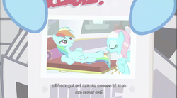 Size: 857x473 | Tagged: safe, screencap, lotus blossom, rainbow dash, earth pony, pegasus, pony, g4, ponyville confidential, female, foal free press, hooficure, mouth hold, nail file, newspaper, written equestrian, youtube caption